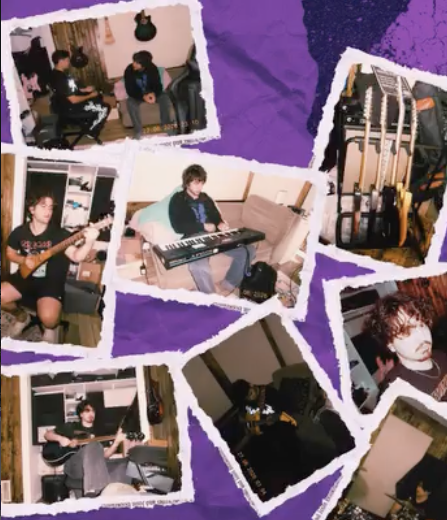 Hollowsound rehearsal photographs assembled on torn purple paper